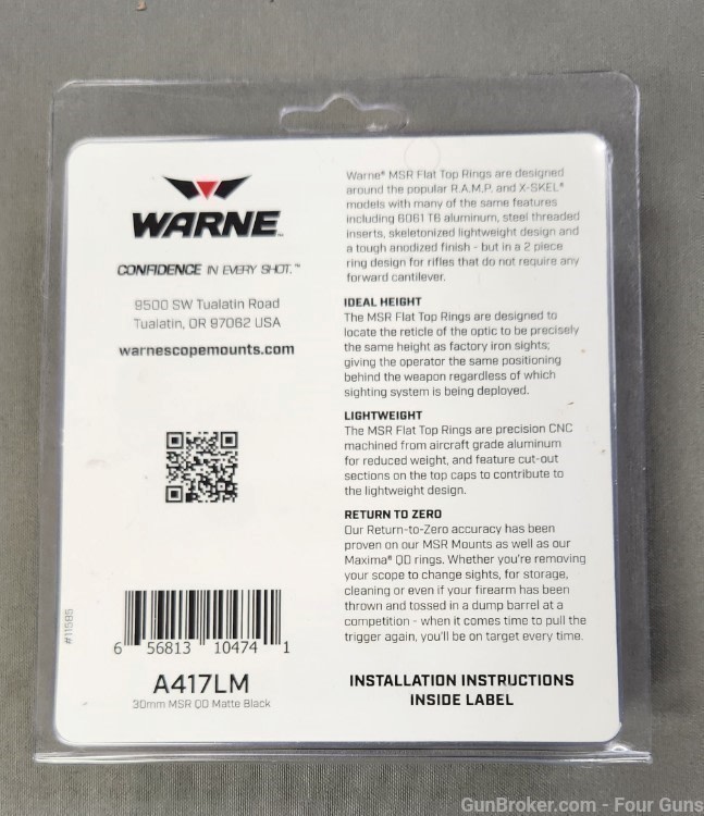 Warne Scope Mounts MSR QuickDetach Ring AR-15 30mm Ultra High  A417LM-img-1