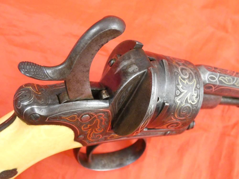 ANTIQUE BELGIUM PINFIRE CASED REVOLVER ENGRAVED GOLD / SILVER 100% complete-img-45