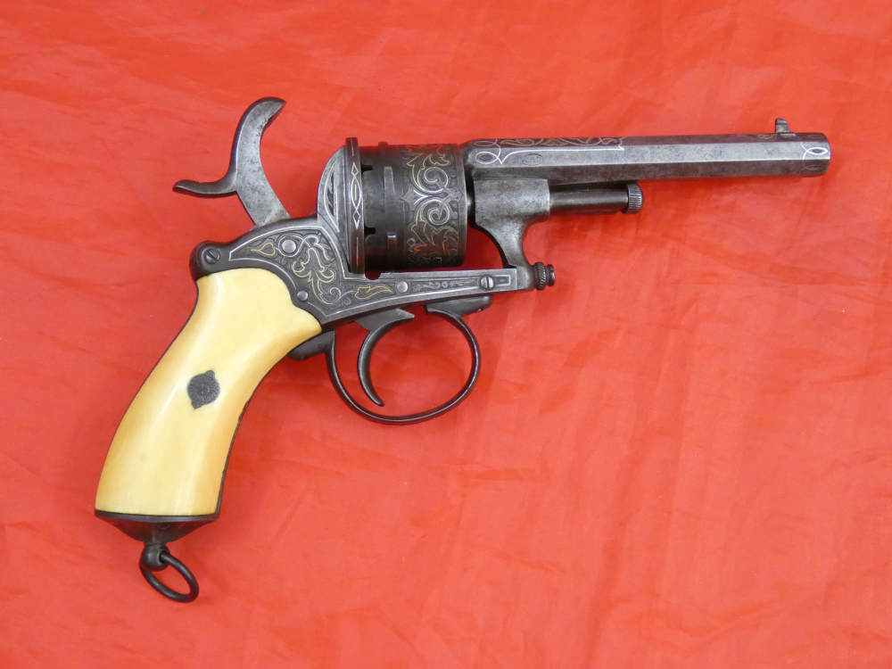ANTIQUE BELGIUM PINFIRE CASED REVOLVER ENGRAVED GOLD / SILVER 100% complete-img-11
