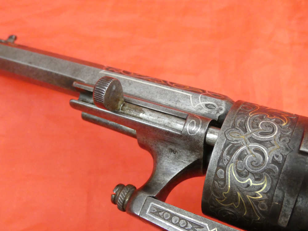 ANTIQUE BELGIUM PINFIRE CASED REVOLVER ENGRAVED GOLD / SILVER 100% complete-img-38