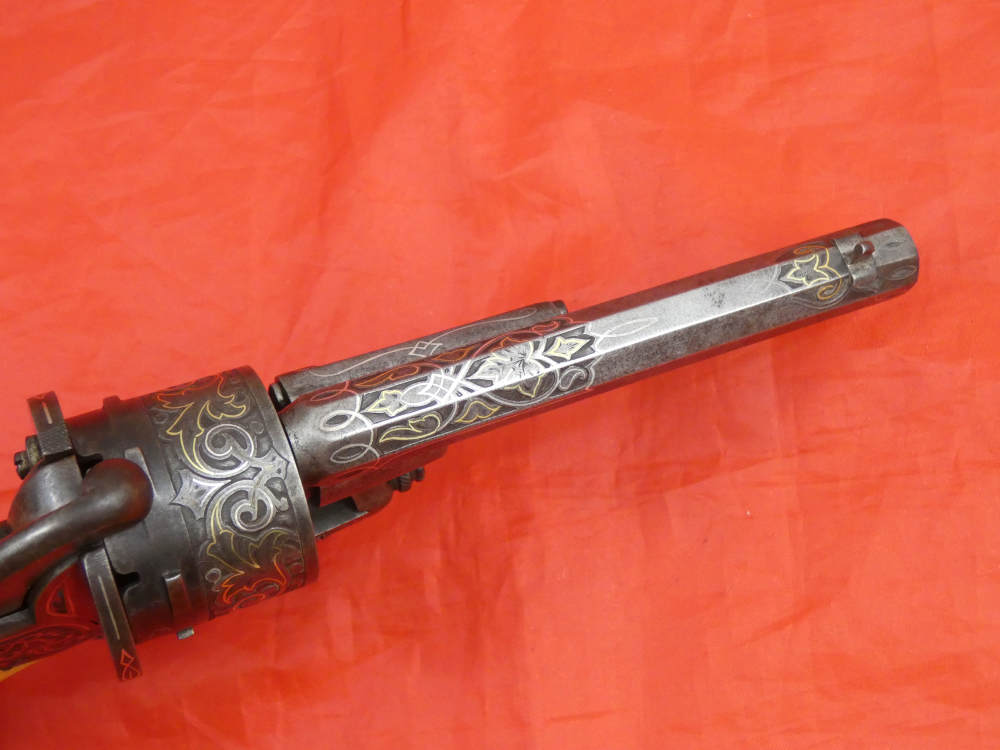 ANTIQUE BELGIUM PINFIRE CASED REVOLVER ENGRAVED GOLD / SILVER 100% complete-img-14