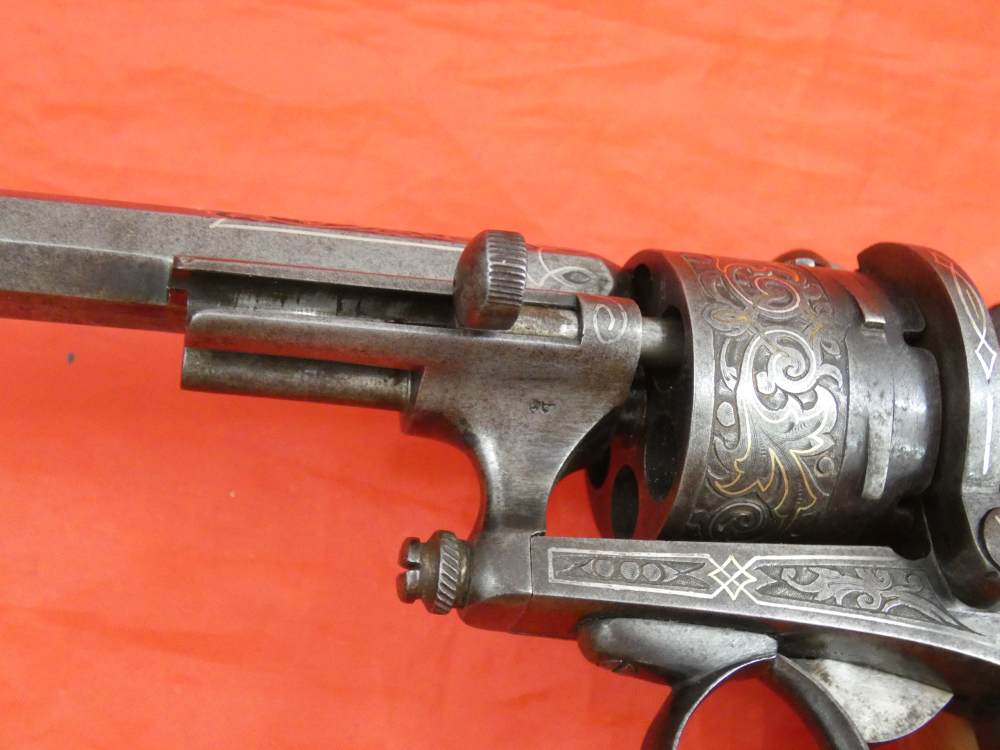 ANTIQUE BELGIUM PINFIRE CASED REVOLVER ENGRAVED GOLD / SILVER 100% complete-img-37