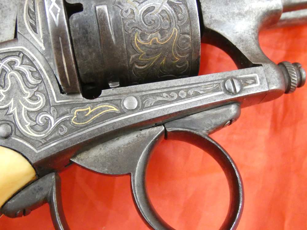 ANTIQUE BELGIUM PINFIRE CASED REVOLVER ENGRAVED GOLD / SILVER 100% complete-img-18