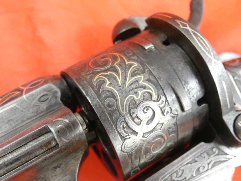 ANTIQUE BELGIUM PINFIRE CASED REVOLVER ENGRAVED GOLD / SILVER 100% complete-img-44