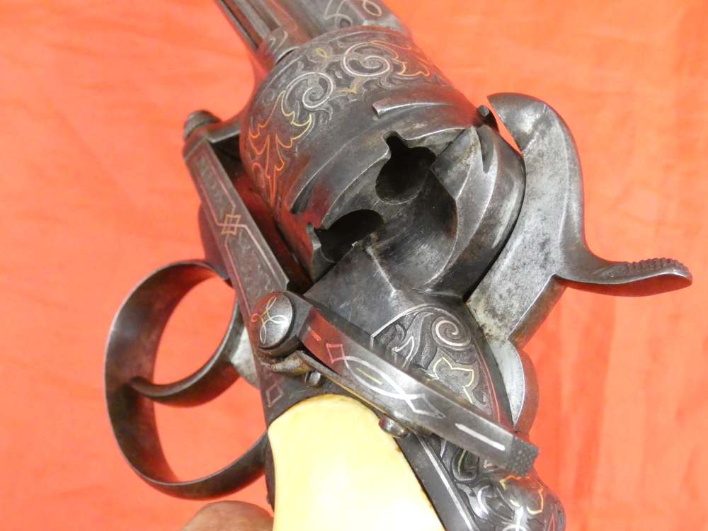 ANTIQUE BELGIUM PINFIRE CASED REVOLVER ENGRAVED GOLD / SILVER 100% complete-img-29