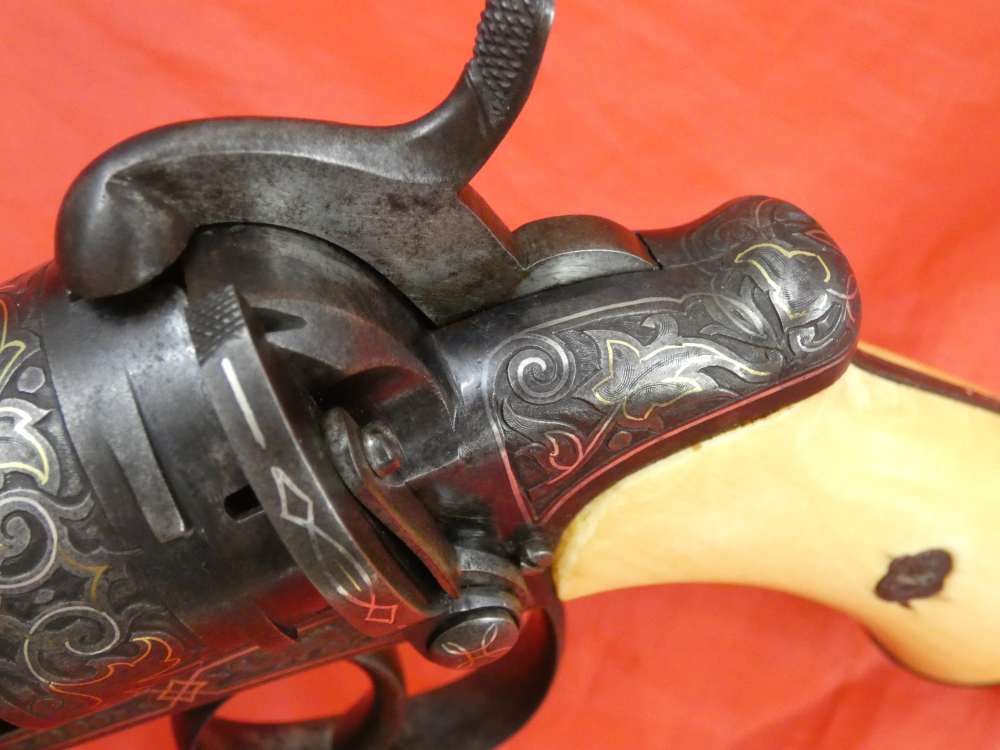 ANTIQUE BELGIUM PINFIRE CASED REVOLVER ENGRAVED GOLD / SILVER 100% complete-img-21