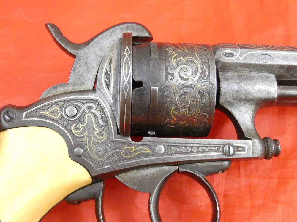 ANTIQUE BELGIUM PINFIRE CASED REVOLVER ENGRAVED GOLD / SILVER 100% complete-img-12