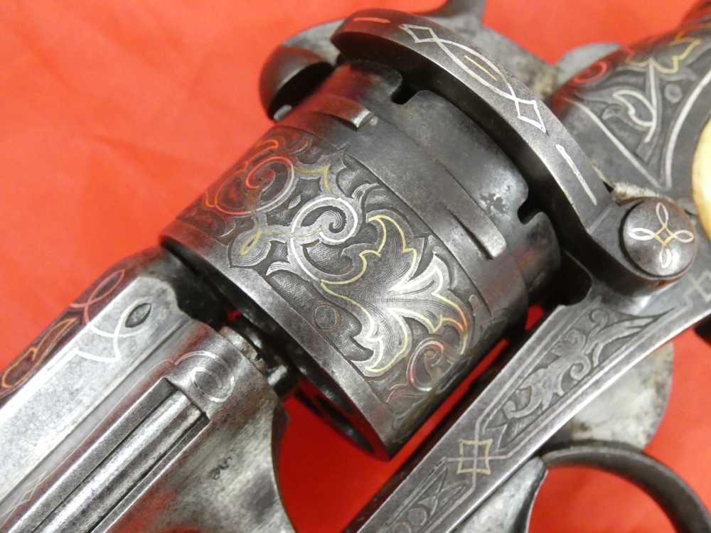 ANTIQUE BELGIUM PINFIRE CASED REVOLVER ENGRAVED GOLD / SILVER 100% complete-img-23