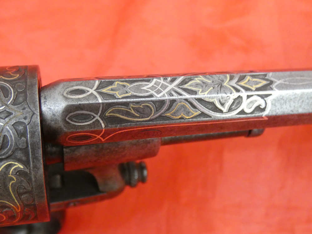 ANTIQUE BELGIUM PINFIRE CASED REVOLVER ENGRAVED GOLD / SILVER 100% complete-img-15