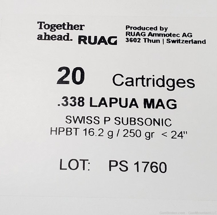 >338 Lapua Magnum Swiss P Subsonic 250gr  100 rds-img-1