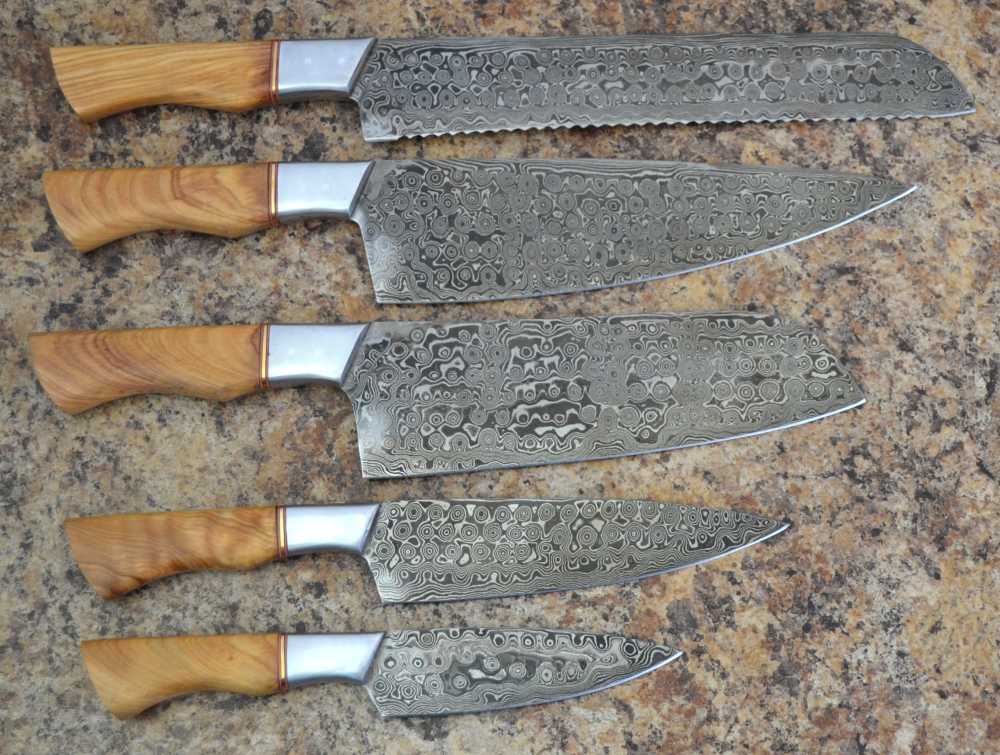 Damascus Steel Handmade 5 Pcs Luxury Chef Knives Set with Olive Wood Handle-img-3
