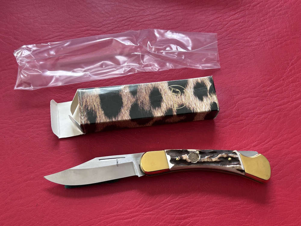 Vintage 1980’s Falcon Italy Handmade Stag Lock Back Pocket Knife NOS-img-1