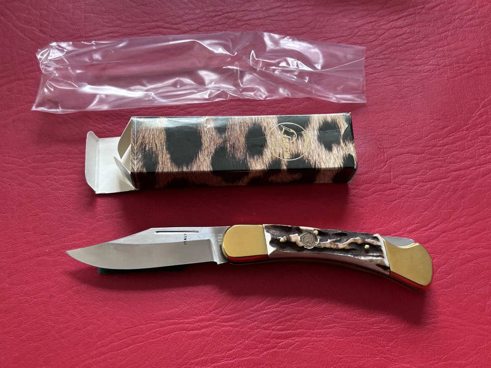 Vintage 1980’s Falcon Italy Handmade Stag Lock Back Pocket Knife NOS-img-0