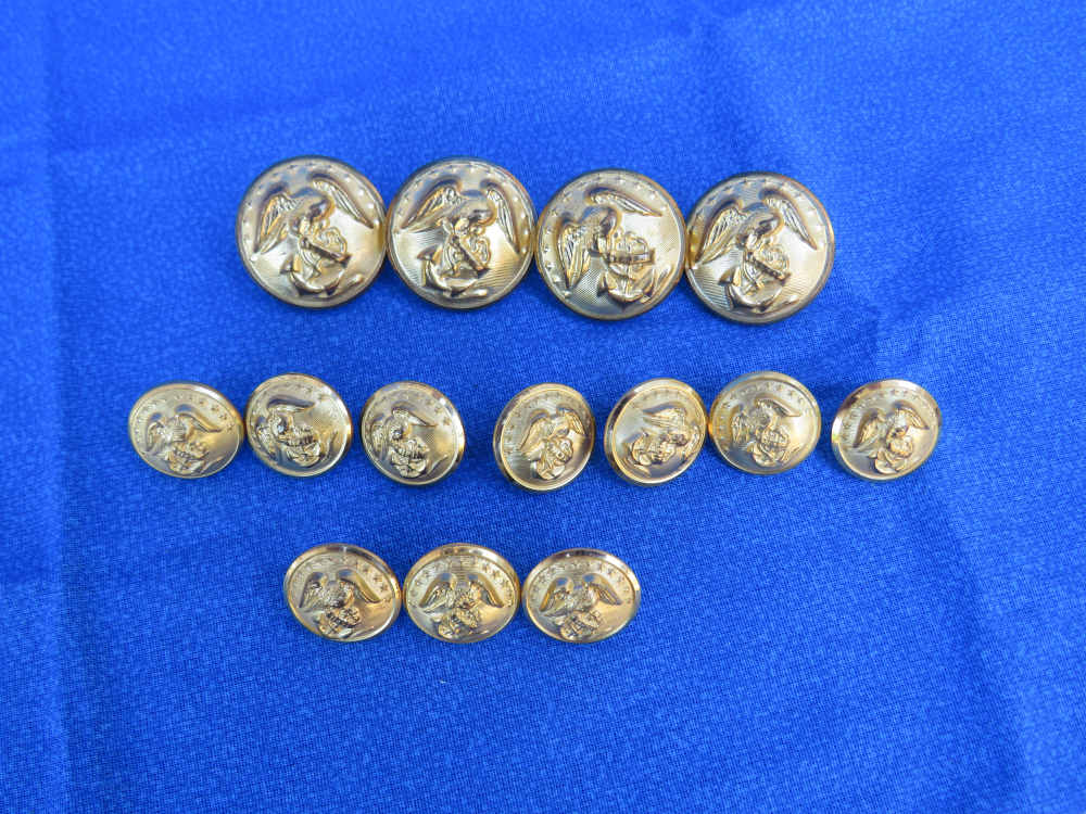 USMC DRESS BUTTON 24K GOLD OVER BRASS WB CO SERIAL NO 176 SET OF 14-img-0