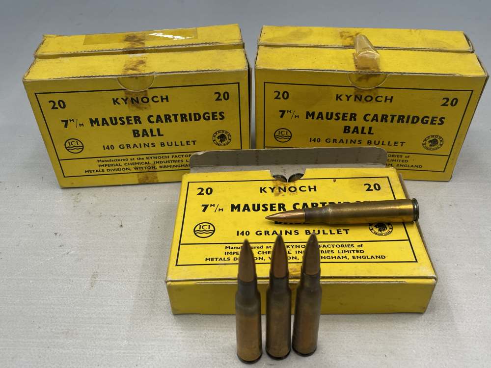 100 x vintage Kynoch 7mm Mauser ammunition 7x57 ICI UK 140 grain FMJ 1958-img-0