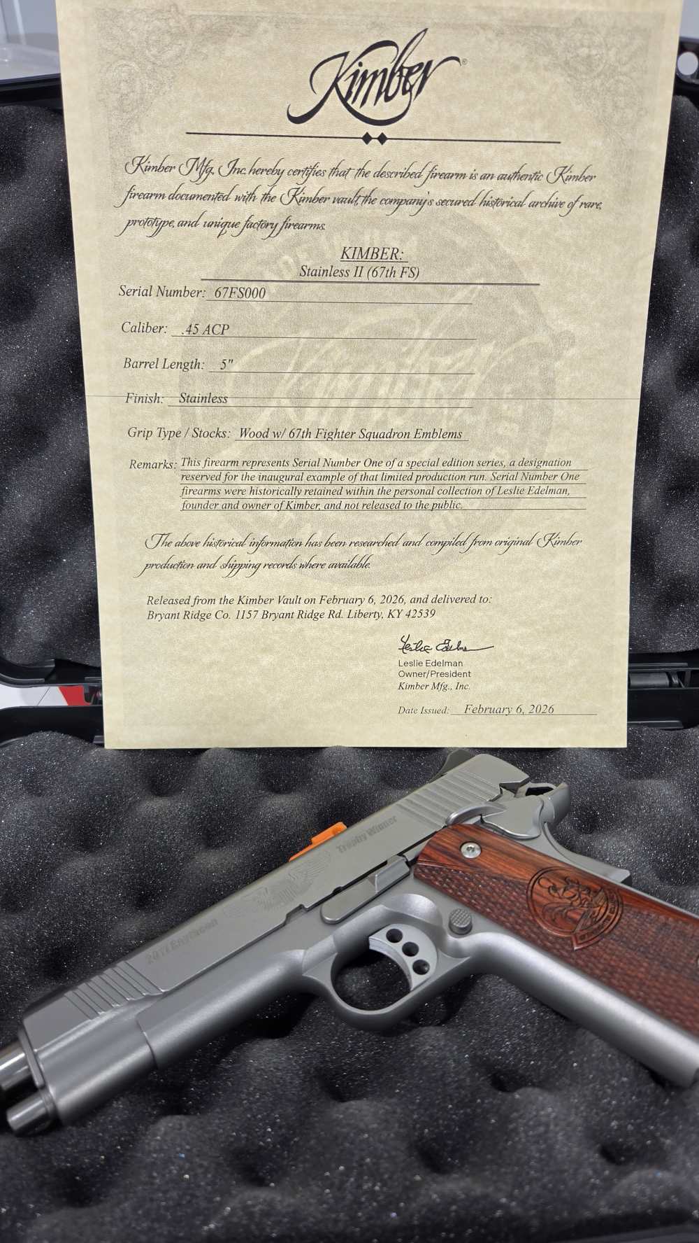 Kimber Stainless II (67th FS) -FIRST SERIALIZED EXAMPLE- #67FS000 -COA--img-1