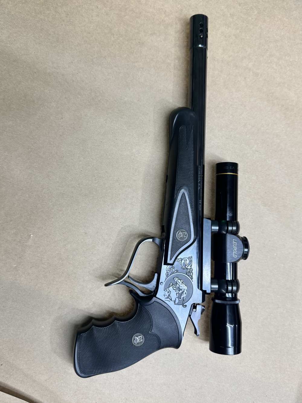 Thompson Center 35 REM Single shot pistol LEUPOLD M8-2X EXTENDED ER SCOPE -img-4
