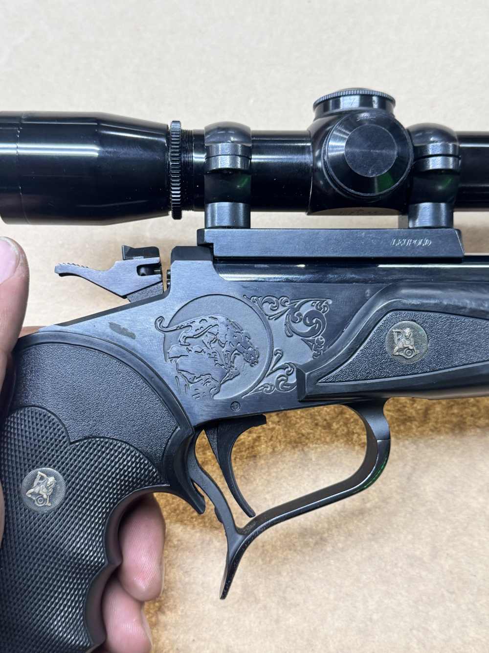Thompson Center 35 REM Single shot pistol LEUPOLD M8-2X EXTENDED ER SCOPE -img-12