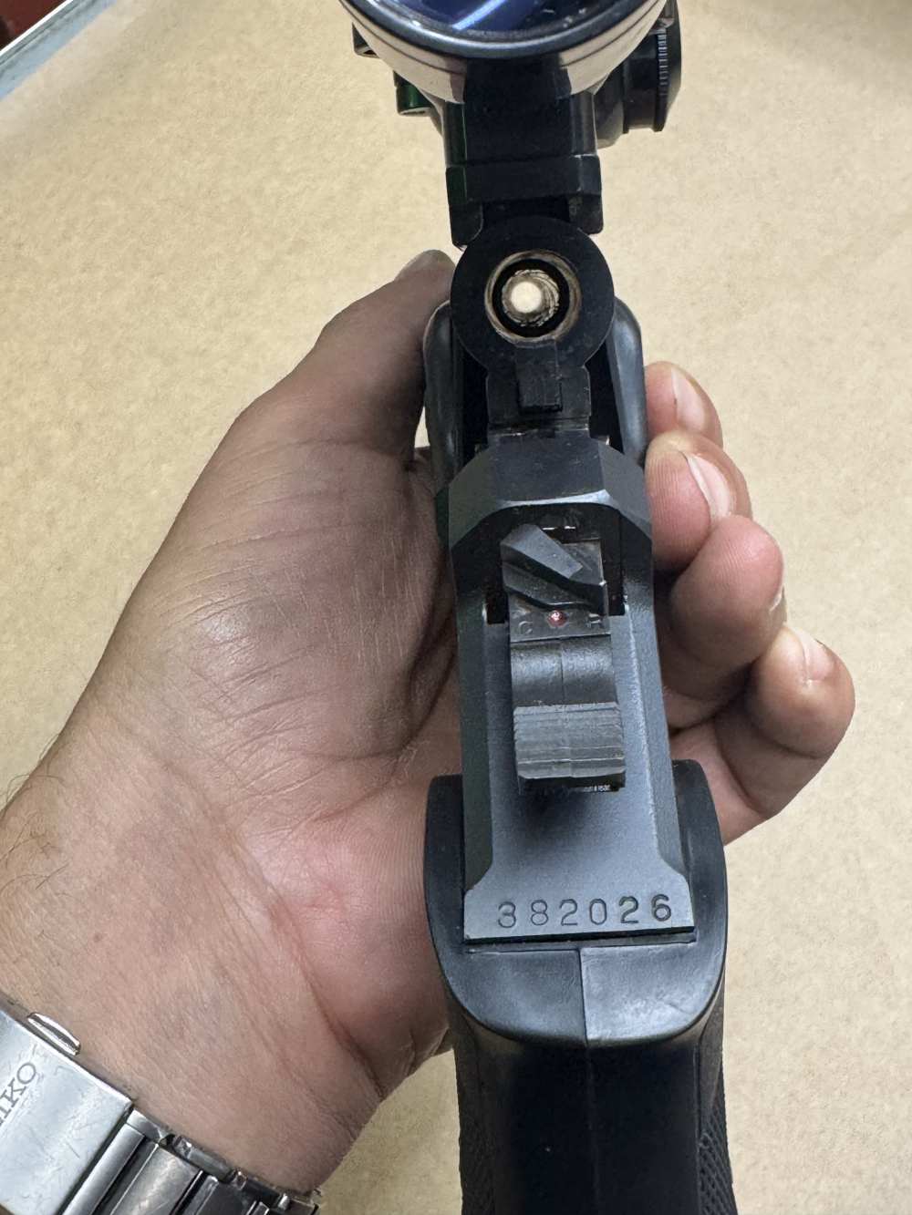 Thompson Center 35 REM Single shot pistol LEUPOLD M8-2X EXTENDED ER SCOPE -img-10