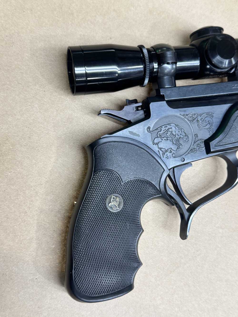 Thompson Center 35 REM Single shot pistol LEUPOLD M8-2X EXTENDED ER SCOPE -img-9