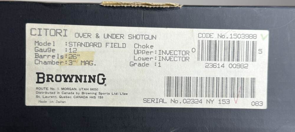 NOS NIB Browning Citori Standard Field Grade 3” 12 Gauge 26”-img-1