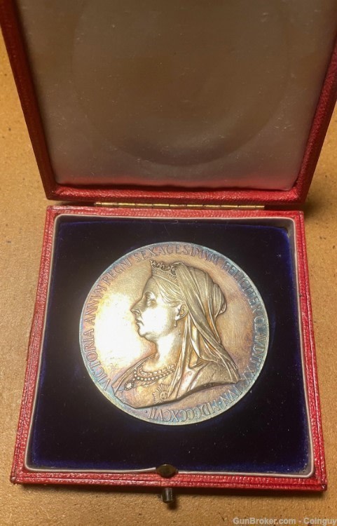 1897 Victoria Diamond Jubilee 55mm Sterling Silver Medalion In Original Box-img-3