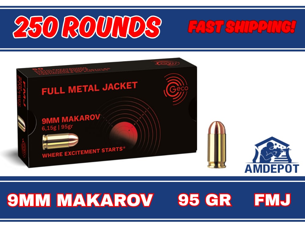 250 Rounds - 9mm Makarov 9x18mm 95 Grain FMJ Brass Cased Handgun Ammo-img-0