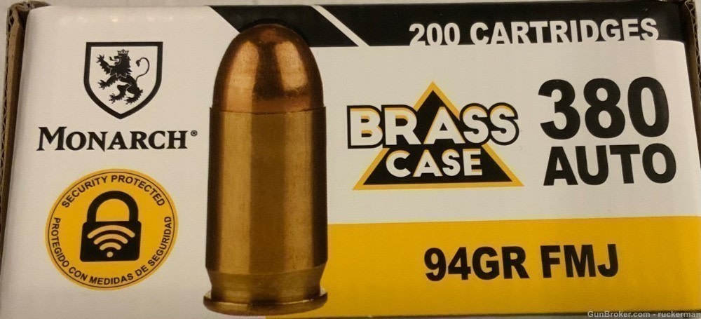 380 ACP MONARCH 200 ROUNDS 94 GRAINS FMJ BRASS 4 BOXES OF 50 -img-1