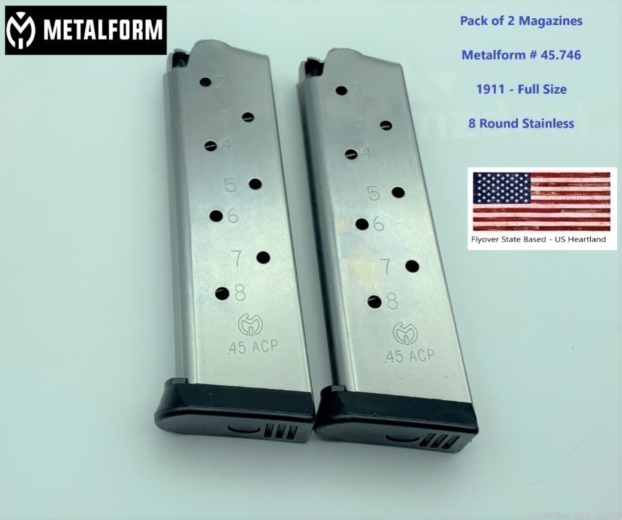 Pack of 2 1911 METALFORM 45.746 FULL-SIZE MAGAZINE .45 ACP AUTO 8 Round SS-img-0