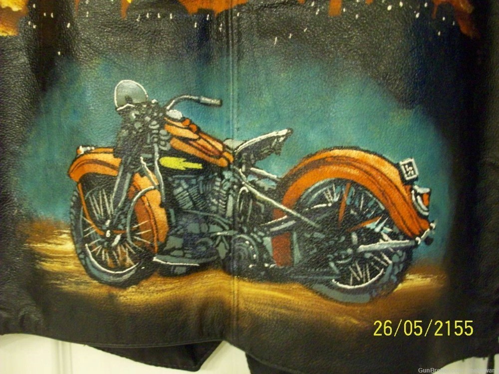 HAND PAINTED-One of a kind, LEATHER MOTORCYCLE VEST, HARLEY PAINTINGS-img-2