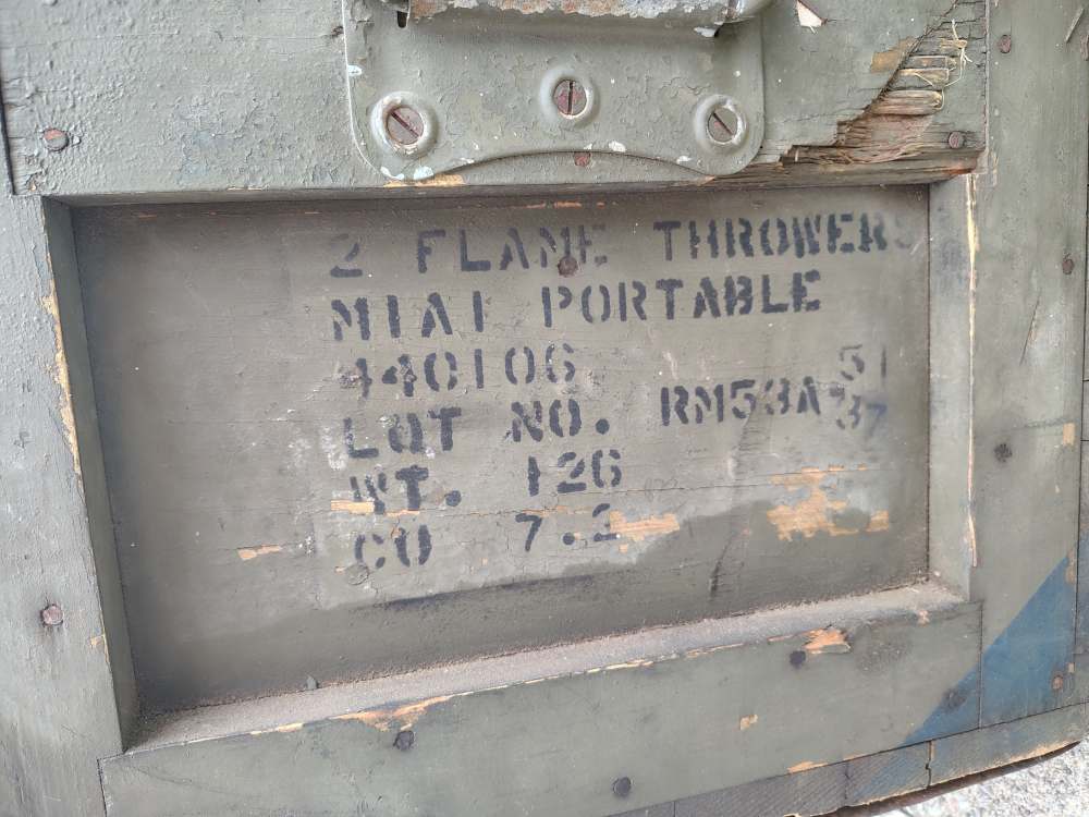 RARE WWII US USMC M1 M1A1 Flame Thrower Wood Transit Box Crate Dated 3-45-img-8