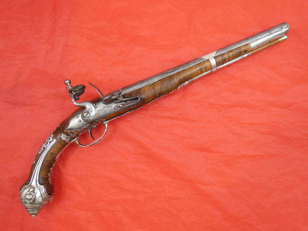 SUPERB ANTIQUE TURKISH OTTOMAN FLINTLOCK PISTOL SILVER / GOLD DECORATION-img-1