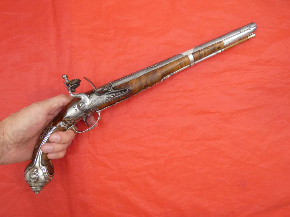 SUPERB ANTIQUE TURKISH OTTOMAN FLINTLOCK PISTOL SILVER / GOLD DECORATION-img-4