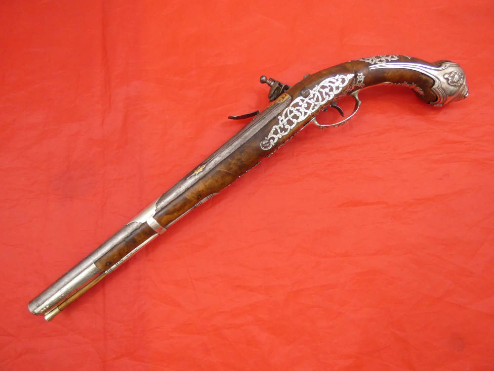 SUPERB ANTIQUE TURKISH OTTOMAN FLINTLOCK PISTOL SILVER / GOLD DECORATION-img-0