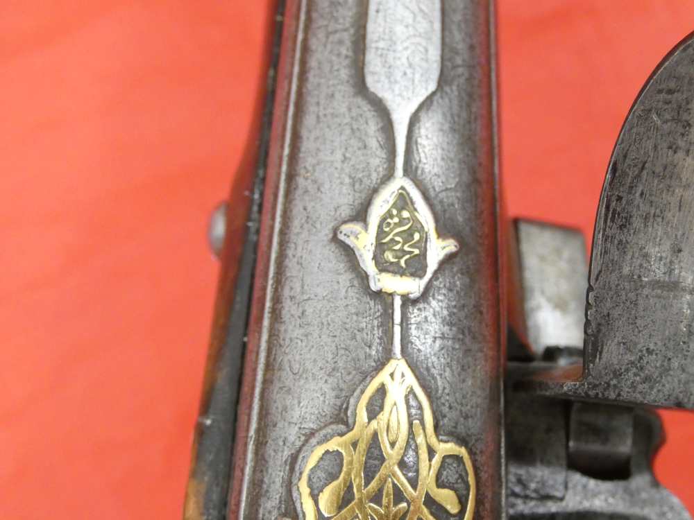 SUPERB ANTIQUE TURKISH OTTOMAN FLINTLOCK PISTOL SILVER / GOLD DECORATION-img-6
