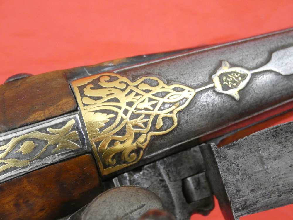 SUPERB ANTIQUE TURKISH OTTOMAN FLINTLOCK PISTOL SILVER / GOLD DECORATION-img-5