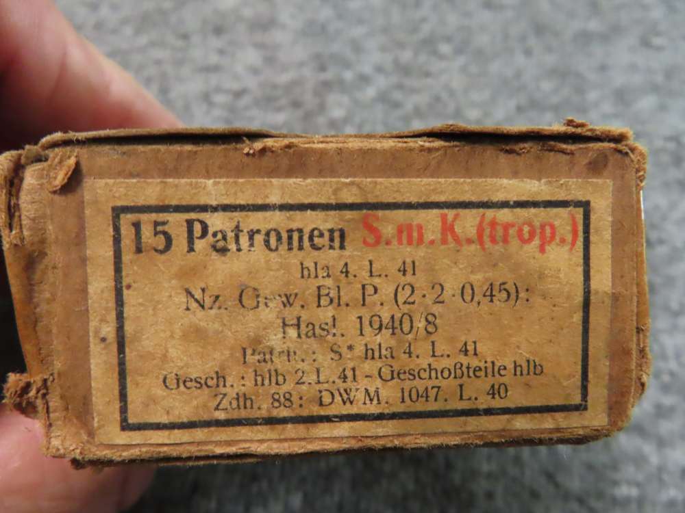 S.M.K. TROPICAL AP WWII GERMAN 8mm MAUSER CALIBER AMMO, FULL BOX, 15 ROUNDS-img-1