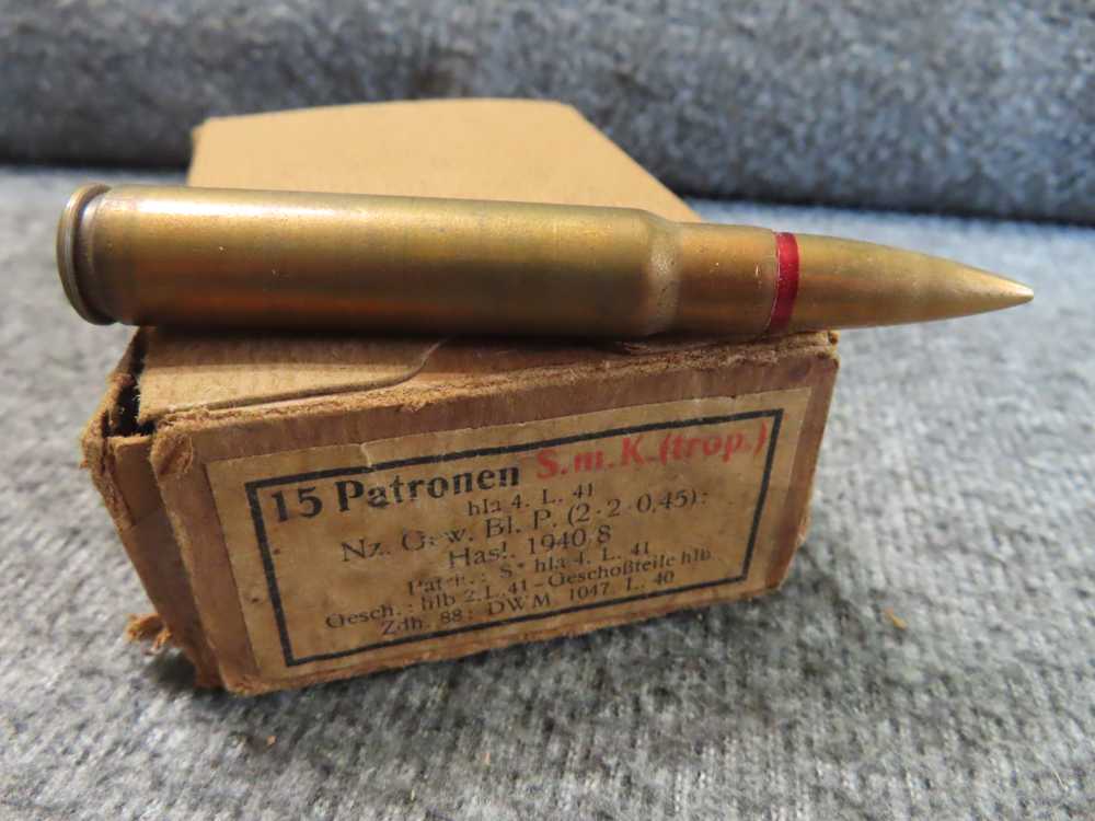 S.M.K. TROPICAL AP WWII GERMAN 8mm MAUSER CALIBER AMMO, FULL BOX, 15 ROUNDS-img-0