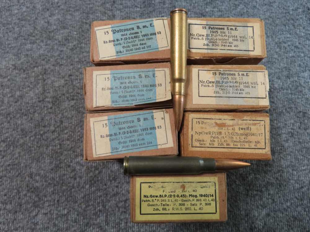 7 FULL BOXES, 105 ROUNDS, ORIGINAL WWII GERMAN 8mm MAUSER CALIBER AMMO-img-0