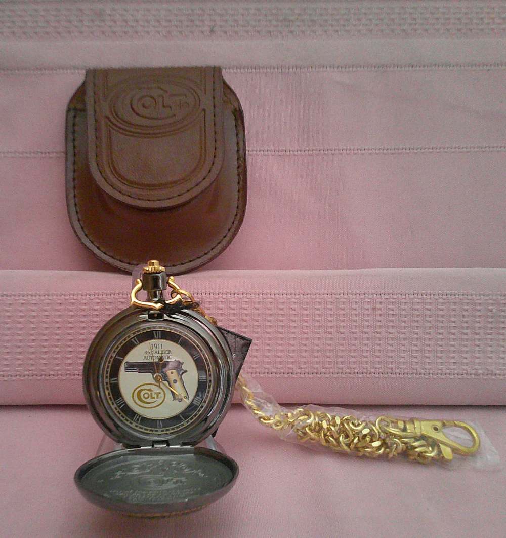 NIB WORKS! Franklin Mint Colt 1911 .45 24-karat gold accent pocket watch!-img-10