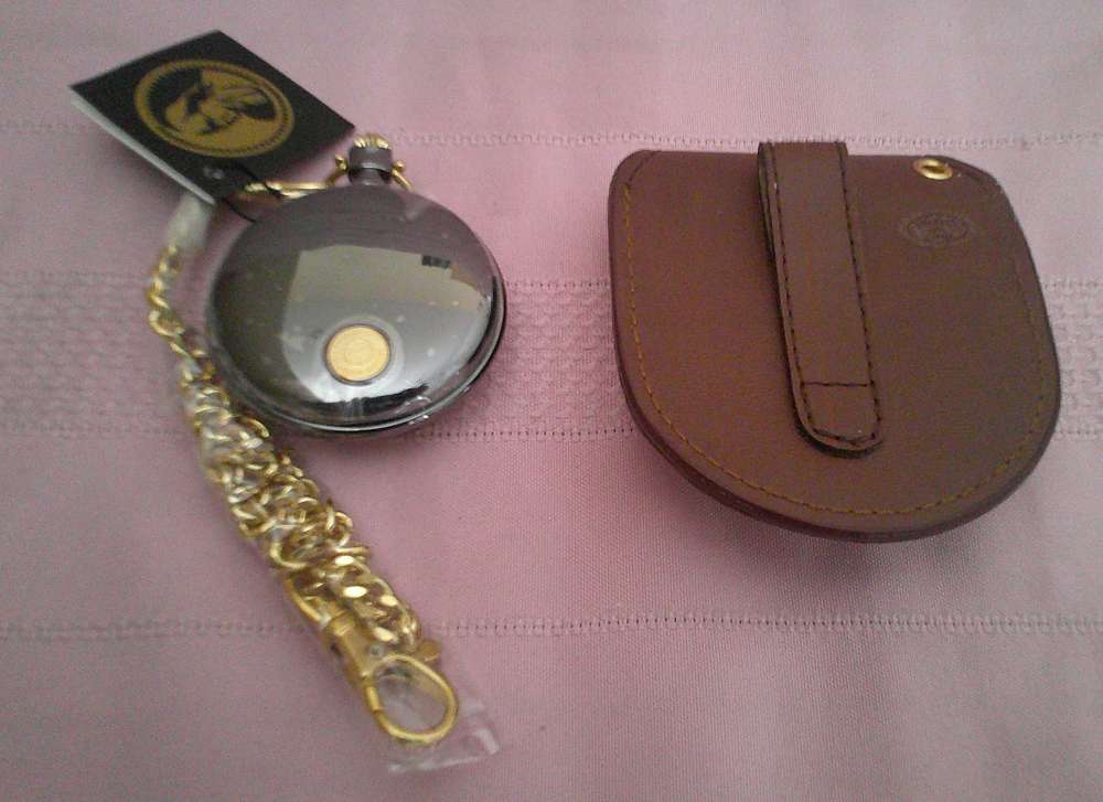 NIB WORKS! Franklin Mint Colt 1911 .45 24-karat gold accent pocket watch!-img-7
