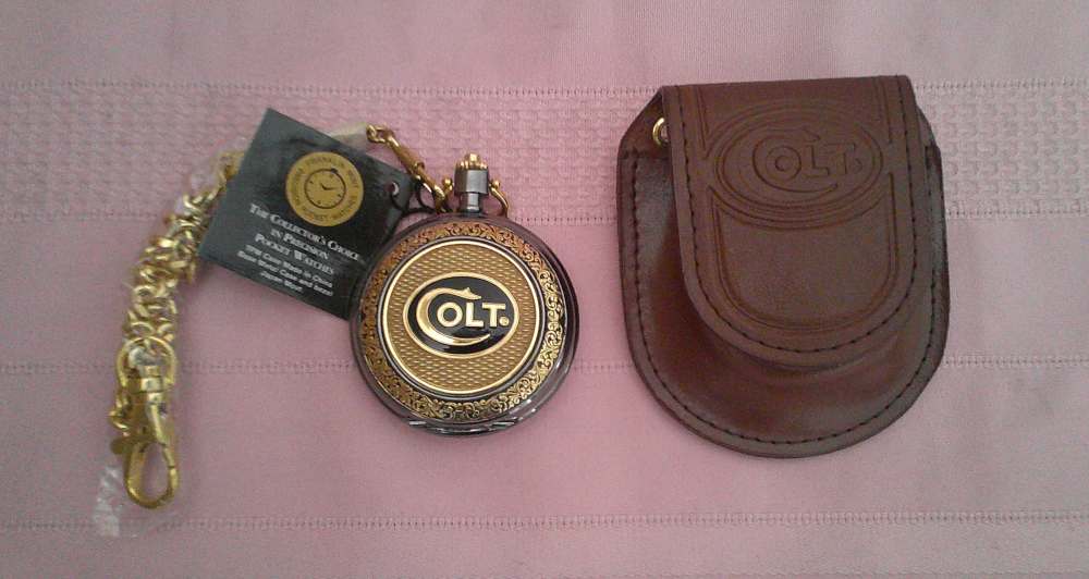 NIB WORKS! Franklin Mint Colt 1911 .45 24-karat gold accent pocket watch!-img-17