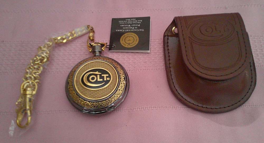 NIB WORKS! Franklin Mint Colt 1911 .45 24-karat gold accent pocket watch!-img-6