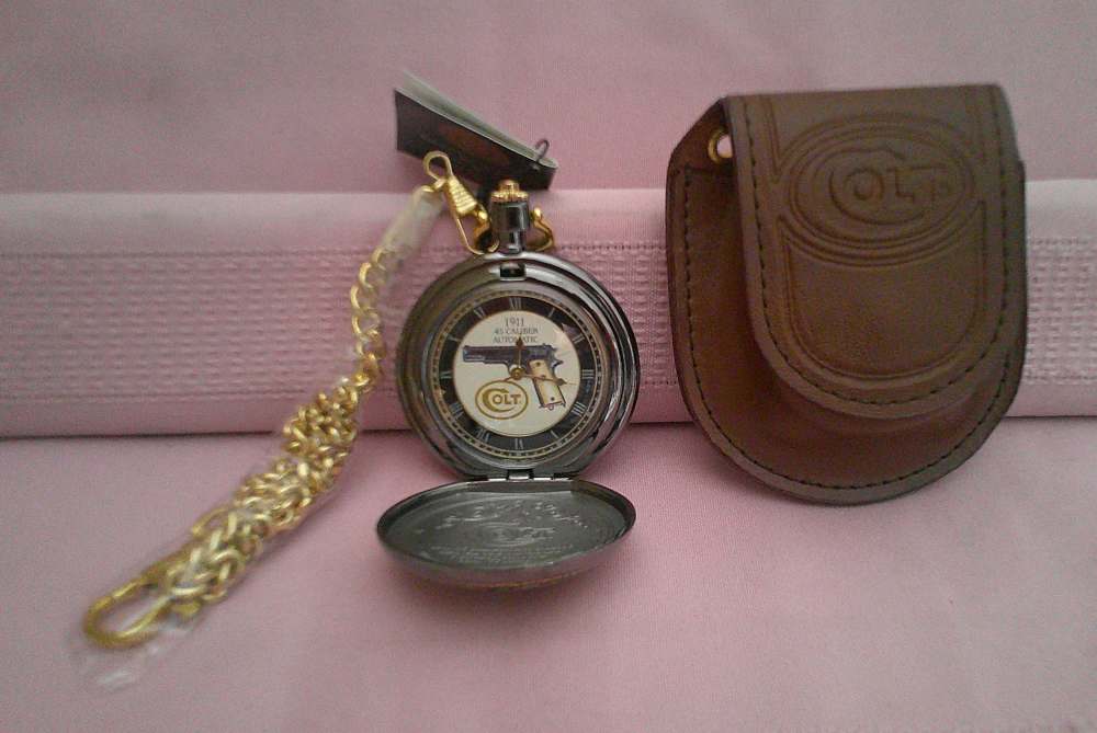 NIB WORKS! Franklin Mint Colt 1911 .45 24-karat gold accent pocket watch!-img-13