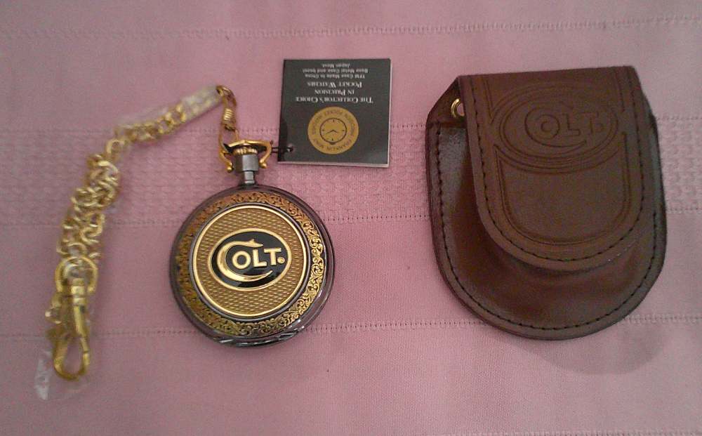 NIB WORKS! Franklin Mint Colt 1911 .45 24-karat gold accent pocket watch!-img-5