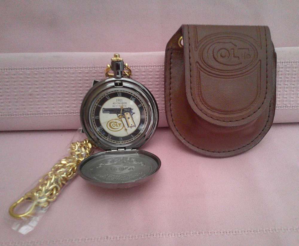 NIB WORKS! Franklin Mint Colt 1911 .45 24-karat gold accent pocket watch!-img-18