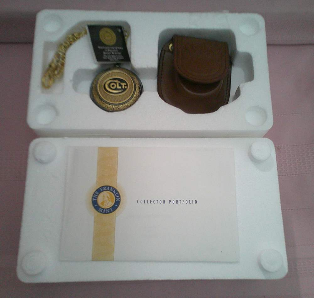 NIB WORKS! Franklin Mint Colt 1911 .45 24-karat gold accent pocket watch!-img-1