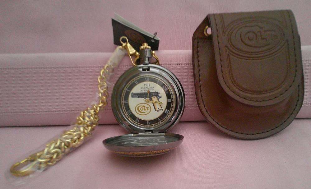 NIB WORKS! Franklin Mint Colt 1911 .45 24-karat gold accent pocket watch!-img-0