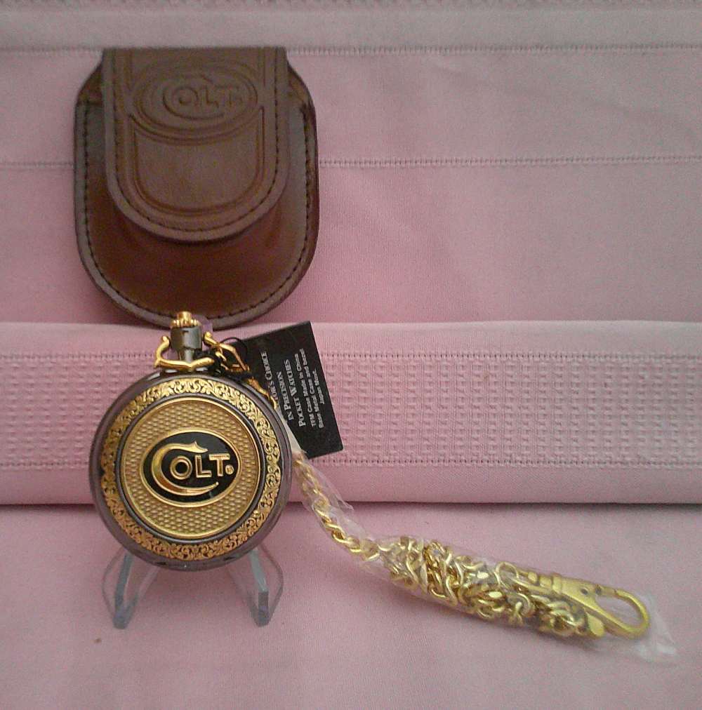 NIB WORKS! Franklin Mint Colt 1911 .45 24-karat gold accent pocket watch!-img-4