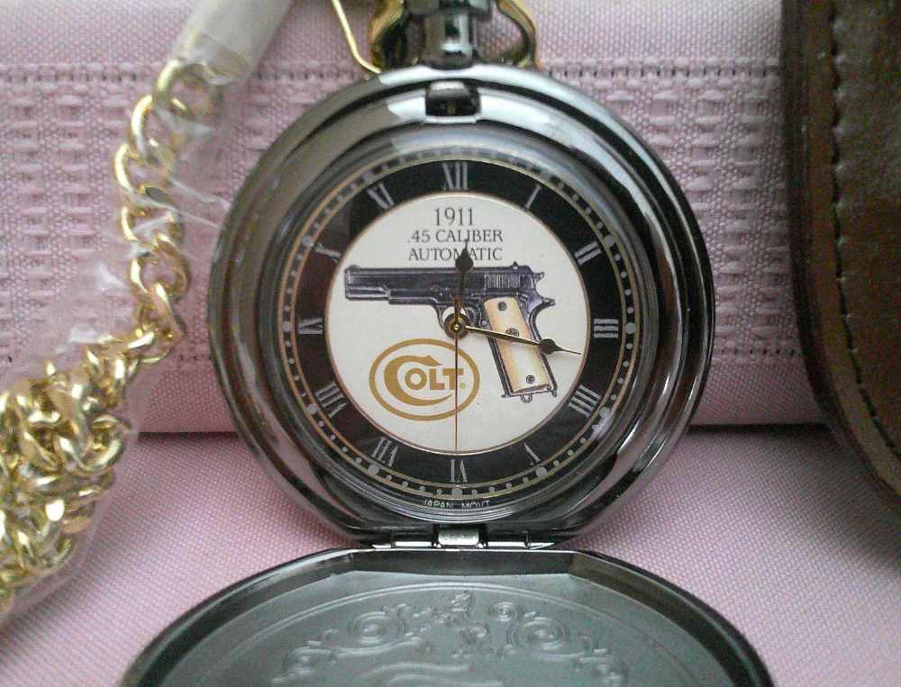 NIB WORKS! Franklin Mint Colt 1911 .45 24-karat gold accent pocket watch!-img-14